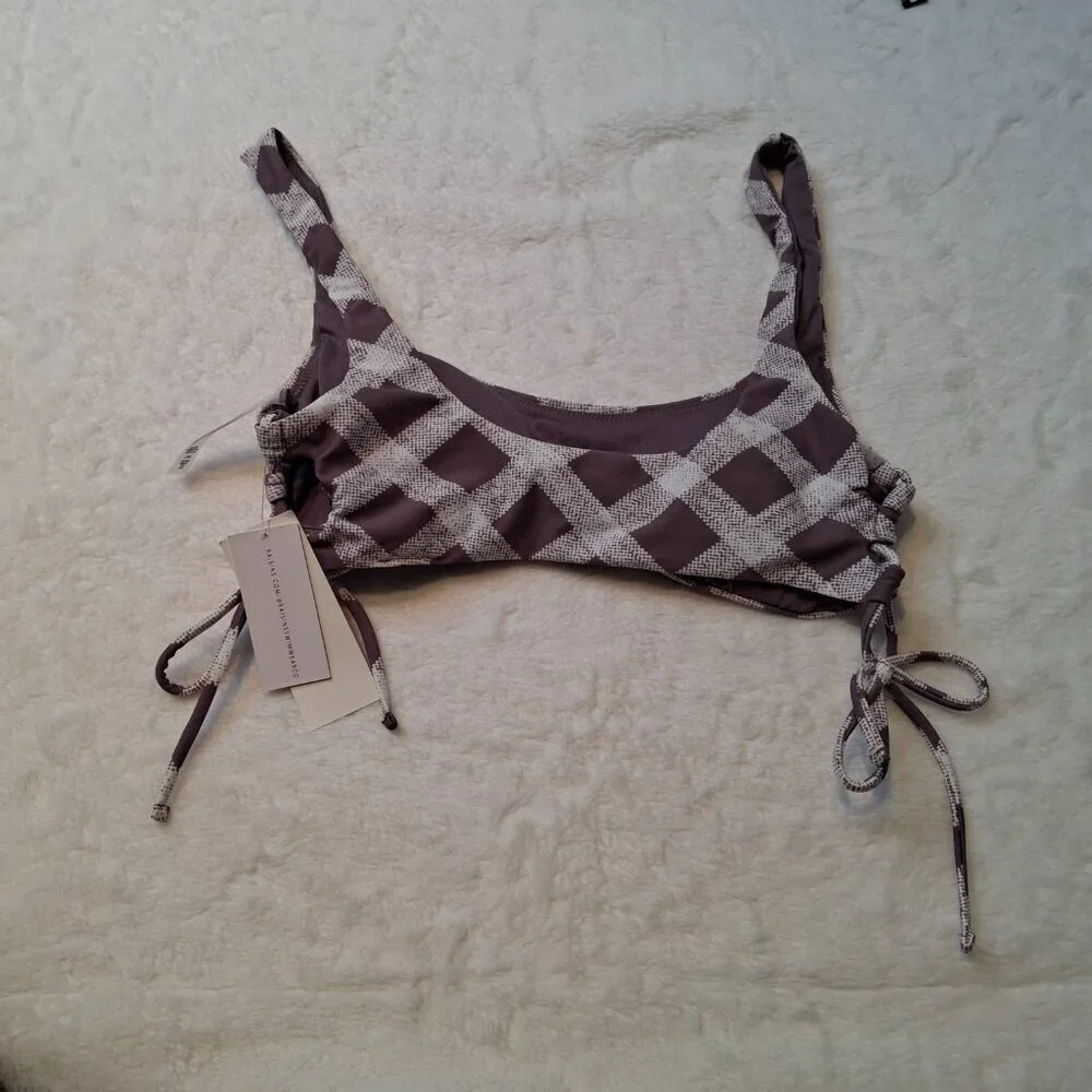Raisins Bikini Top Bralette Swim Sz L Plaid Demi Cups Adjustable Preppy Boho NWT